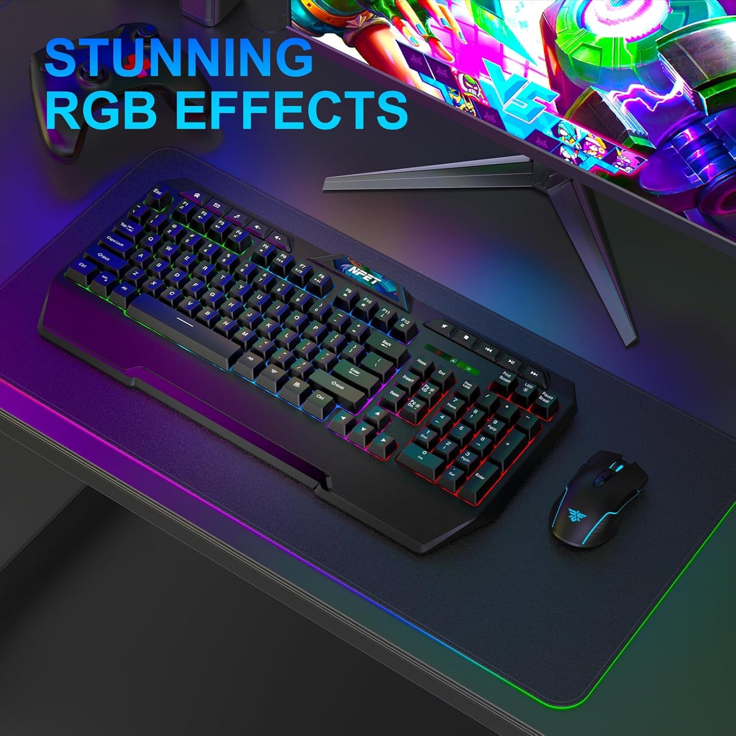 KM98 Triple Mode RGB Backlit Gaming Keyboard and Mouse Combo, 98 Key Quiet Mechanical Feel Keyboard, 7200 DPI Ergonomic Mouse, Spill-Resistant, for PC, Black (K32)