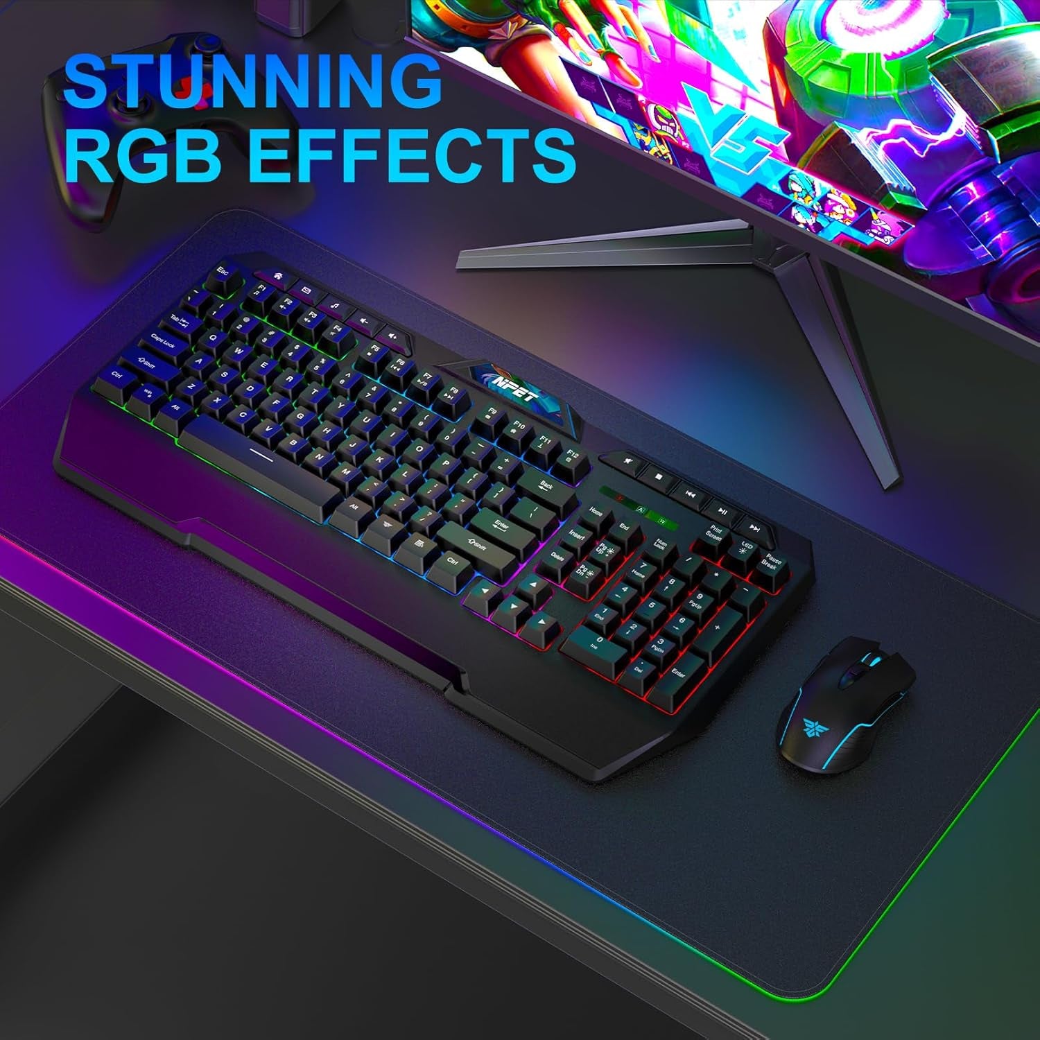 KM98 Triple Mode RGB Backlit Gaming Keyboard and Mouse Combo, 98 Key Quiet Mechanical Feel Keyboard, 7200 DPI Ergonomic Mouse, Spill-Resistant, for PC, Black (K32)