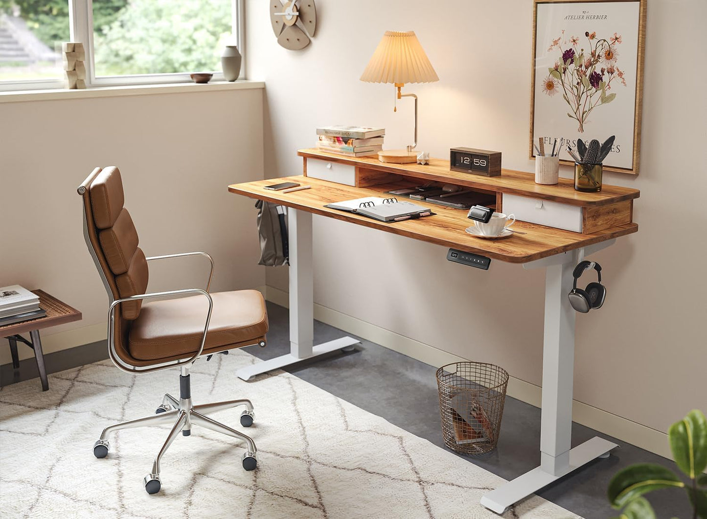 40 X 24 Inch Height Adjustable Electric Standing Desk with Double Drawer, Stand up Desk with Storage Shelf, Sit Stand Desk, Light Rustic