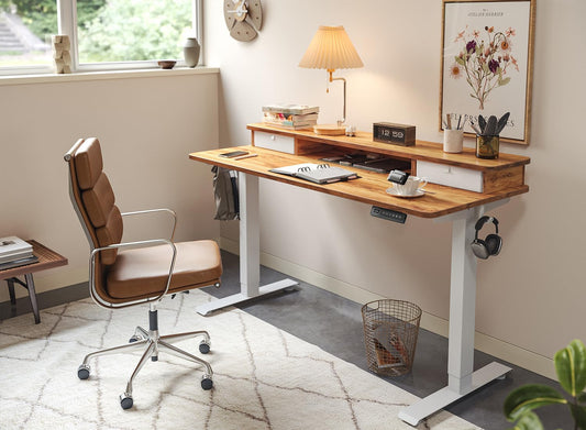 40 X 24 Inch Height Adjustable Electric Standing Desk with Double Drawer, Stand up Desk with Storage Shelf, Sit Stand Desk, Light Rustic
