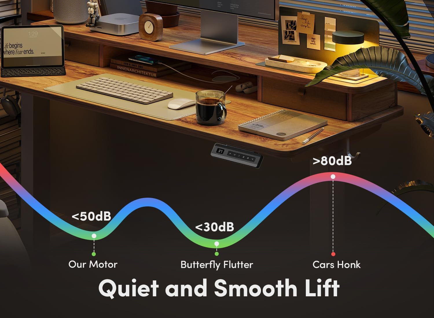 40 X 24 Inch Height Adjustable Electric Standing Desk with Double Drawer, Stand up Desk with Storage Shelf, Sit Stand Desk, Light Rustic