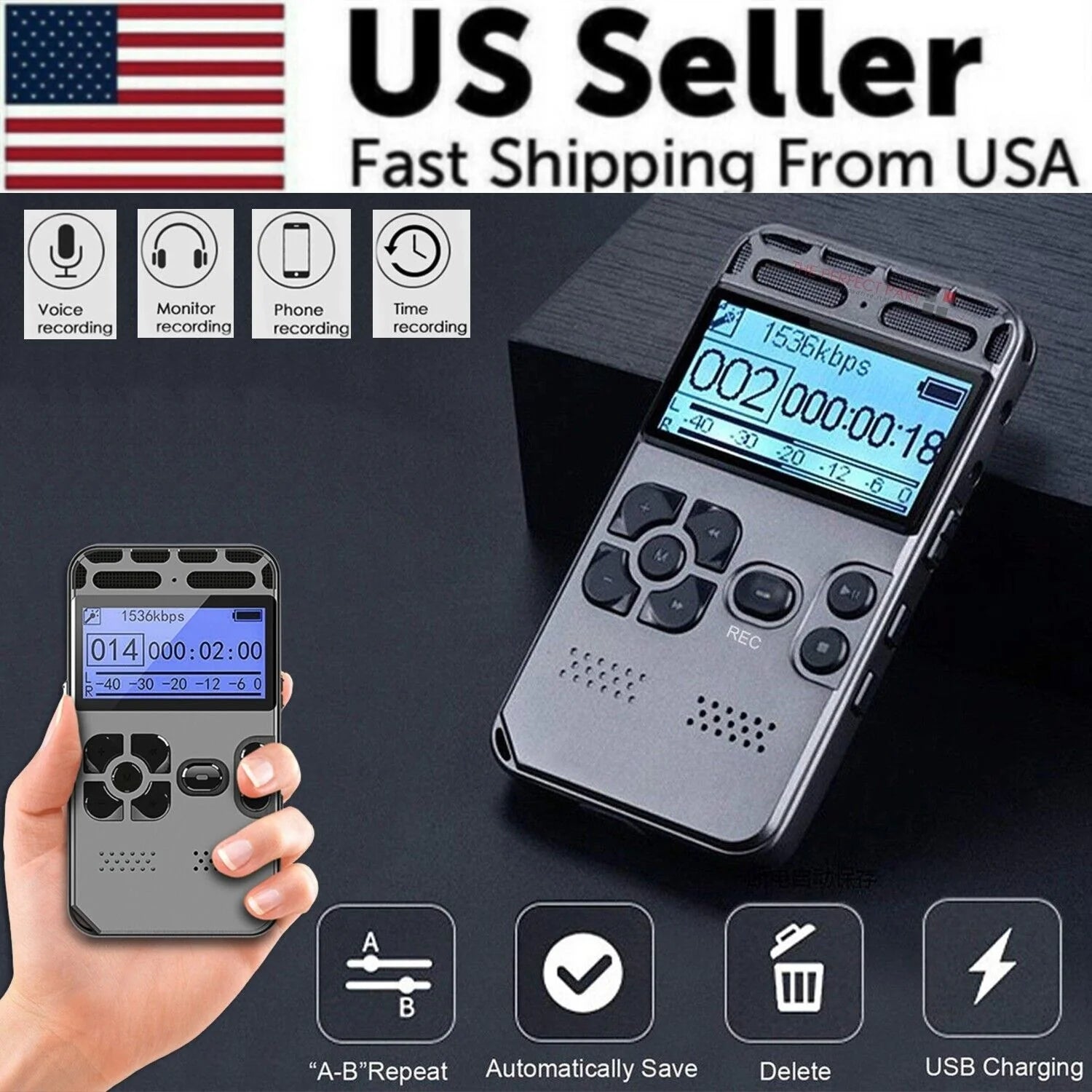 64GB Rechargeable Sound Voice Recorder MP3 Player