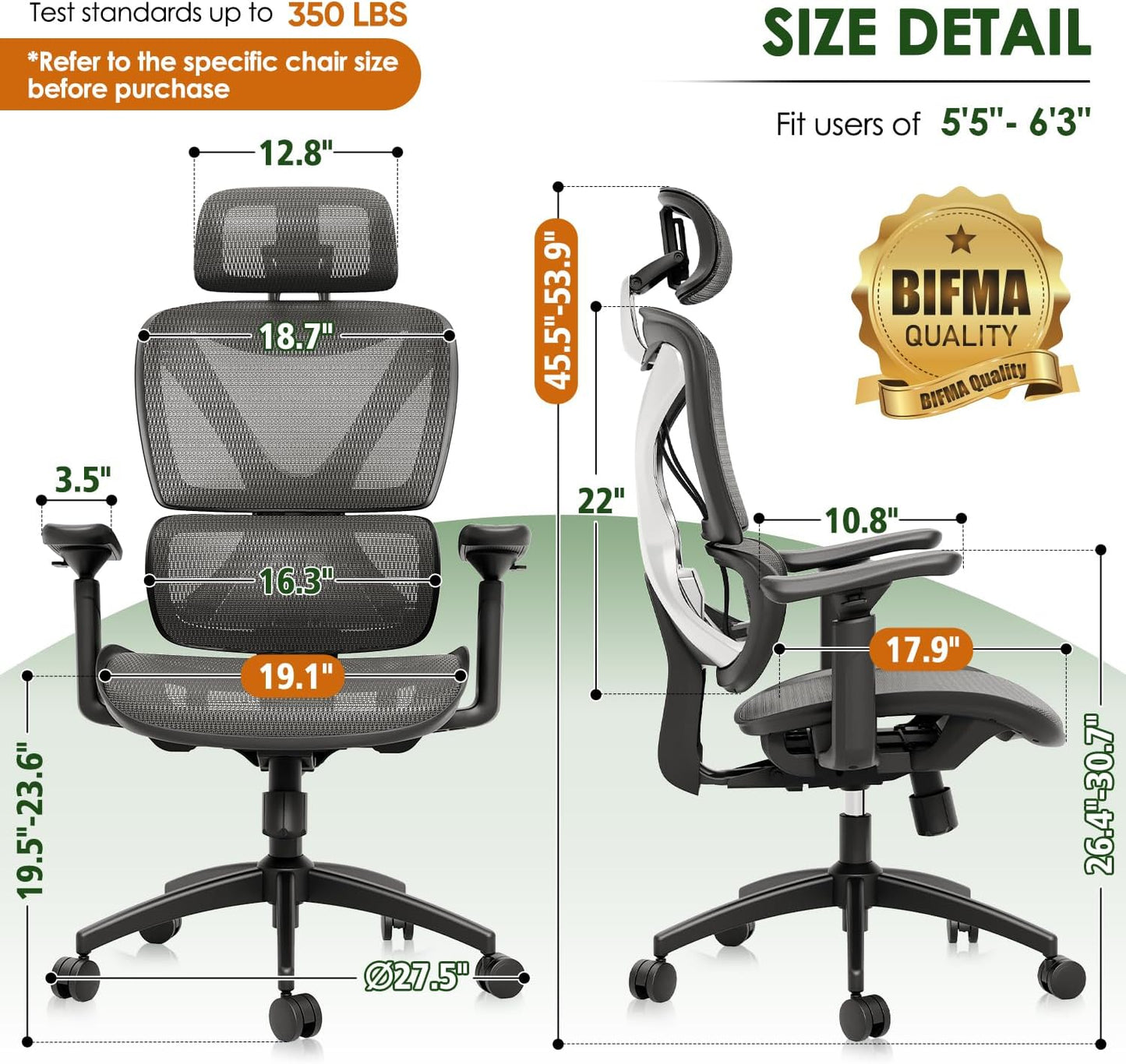 Ergonomic Office Chair, Big and Tall Mesh Chair with Lumbar Support, 3D Armrest - 215° Rotation, Adjustable Headrest & Soft Seat, Durable Desk Chair 350LBS for Work Gaming Computer,Grey